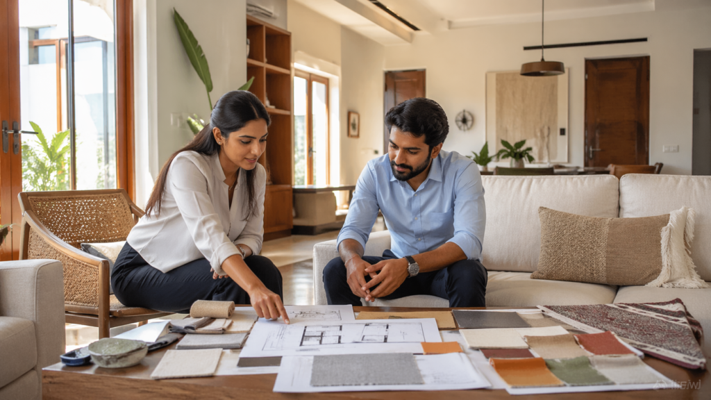 Interior designer consulting homeowner in Ahmedabad living room design planning
