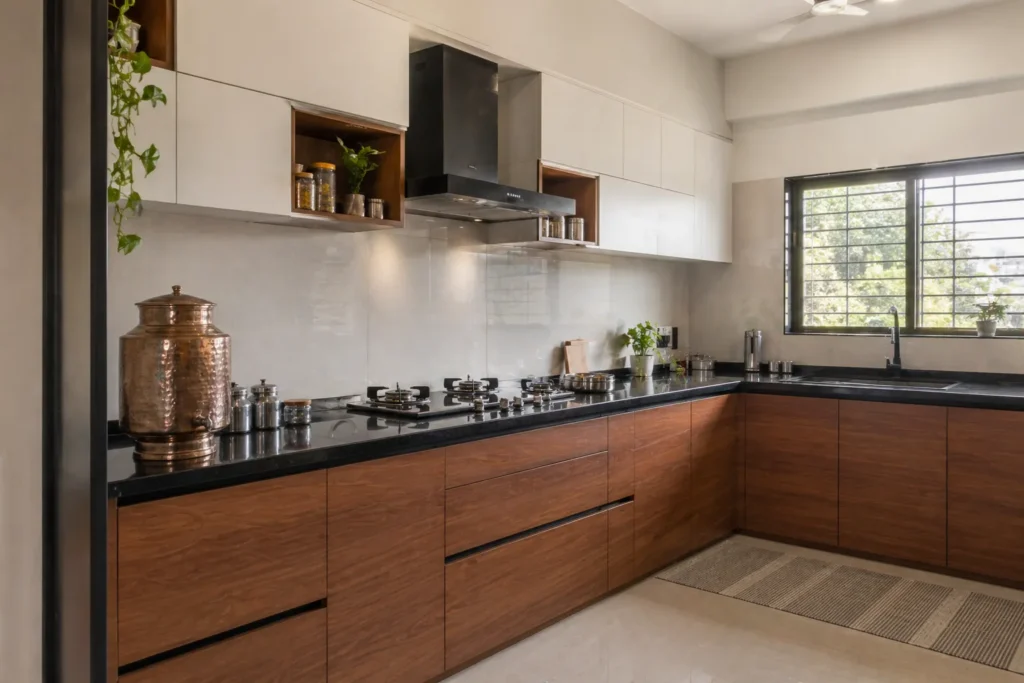 Modern L-shaped modular kitchen in Ahmedabad with laminate cabinets, black granite countertop, chimney, and functional storage for Indian cooking