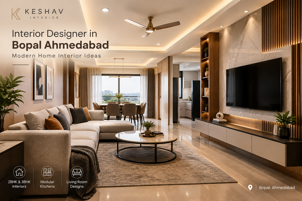 3BHK living and dining interior in Ahmedabad by Keshav Interior